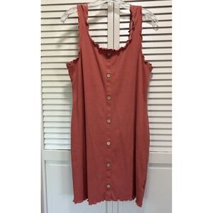 No Boundaries Terracotta Color Tank Dress Ruffle Faux Buttons Size XL Ribbed‎